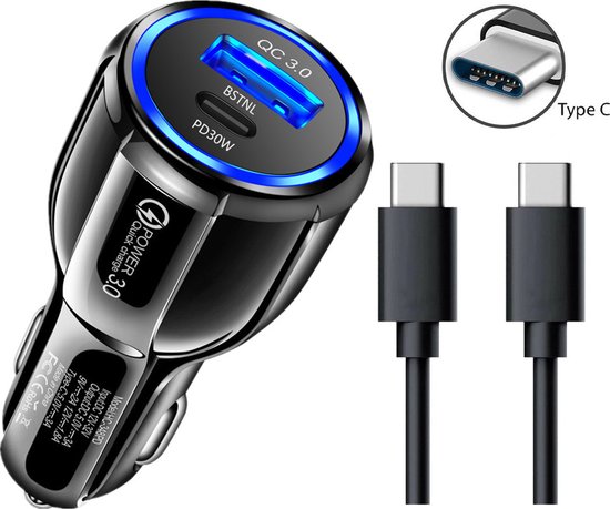 BSTNL Auto Oplader USB C 48W - Autolader USB C & USB A 12V - USB C Kabel 1 Meter - Snellader - Power Adapter - Geschikt voor iPhone 16/15/14/13 - Geschikt voor Samsung Galaxy - Sigarettenaansteker Splitter