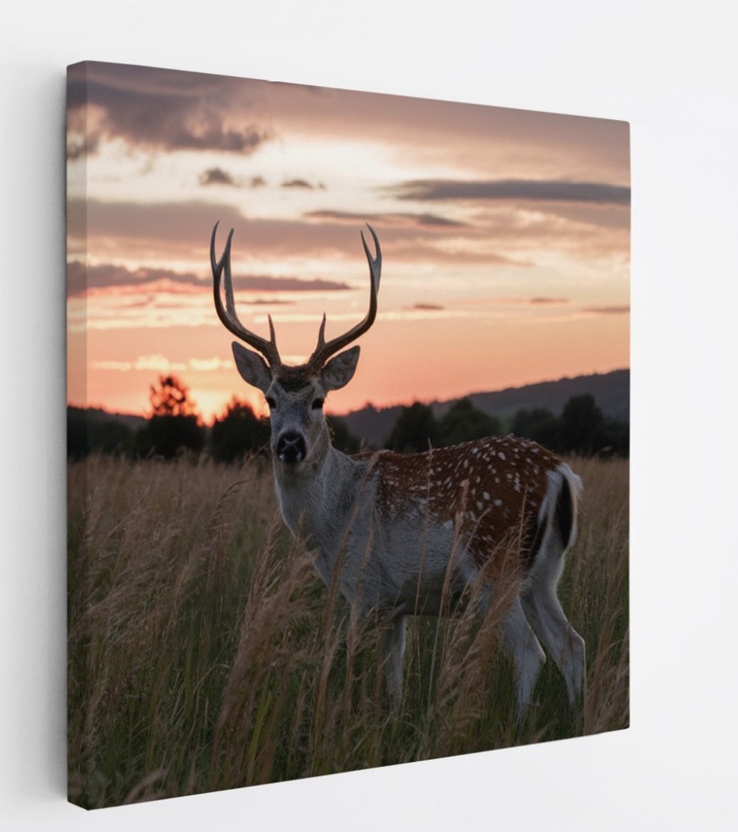 Saammp Canvas Schilderij - jong hert met zonsondergang - Natuur - Dieren - 40x40 - Foto op canvas - Wanddecoratie - Muurdecoratie Woonkamer - Slaapkamer decoratie - Canvas Print Multicolor