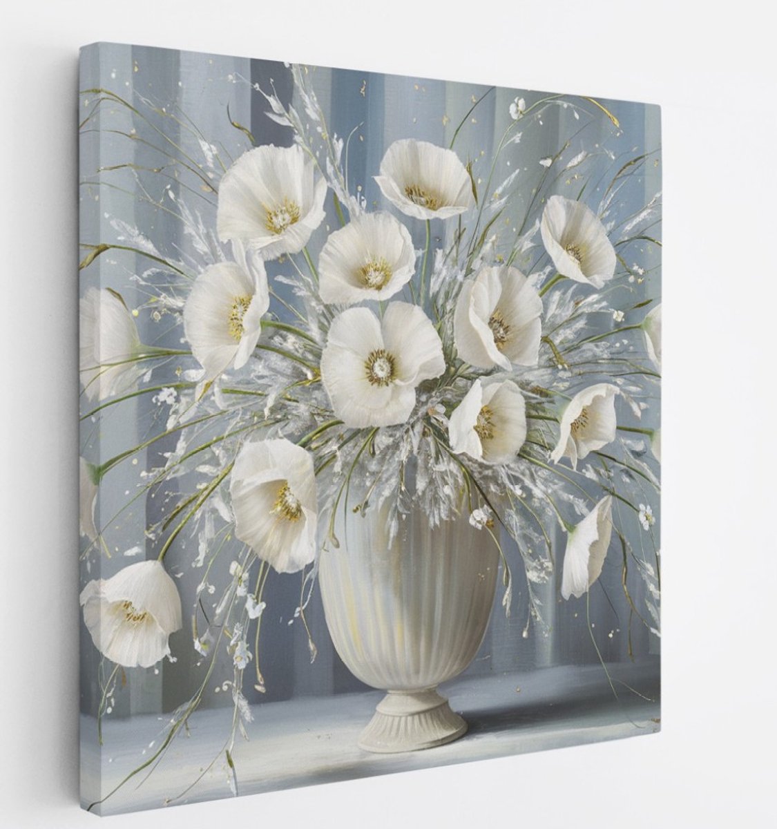 Saammp Canvas Schilderij - Witte Bloemen in Vaas - Natuur - Abstract - 20x20 - Foto op canvas - Wanddecoratie - Muurdecoratie Woonkamer - Kantoor Decoratie Multicolor