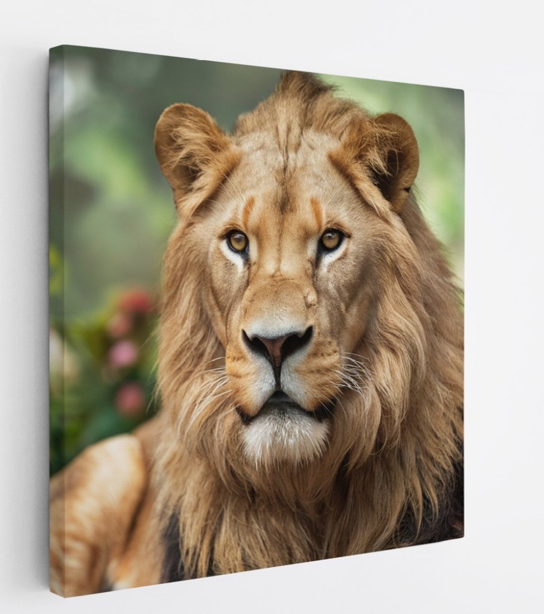 Saammp Canvas Schilderij - Leeuw tussen de bloemen - Dieren - Natuur - 20x20 - Foto op canvas - Wanddecoratie - Muurdecoratie Woonkamer - Slaapkamer decoratie - Canvas Print Multicolor