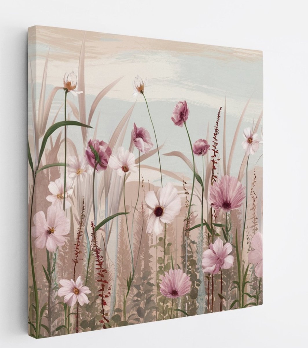 Saammp Canvas Schilderij - Abstracte Roze Bloemen - Natuur - 100x100 - Foto op canvas - Wanddecoratie - Muurdecoratie Woonkamer - Kantoor Decoratie Multicolor