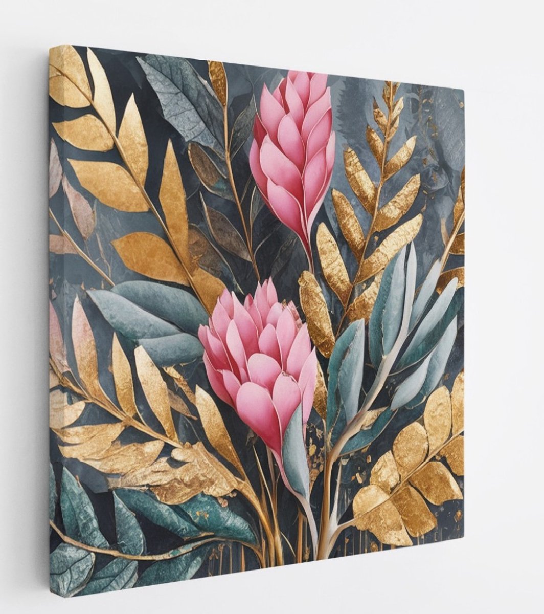 Saammp Canvas Schilderij - Grote roze bloemen en gouden bladeren - Modern - 100x100 - Foto op canvas - Wanddecoratie - Muurdecoratie Woonkamer - Kantoor Decoratie Multicolor