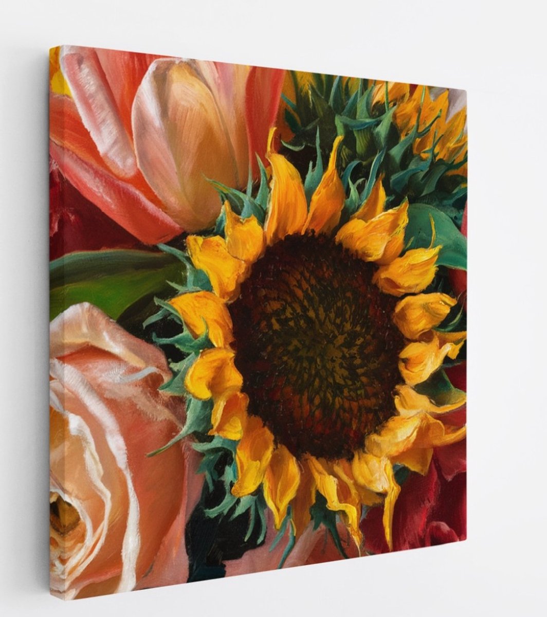 Saammp Canvas Schilderij - Kleurrijk Bloemenboeket - Natuur - Botanisch - 40x40 - Foto op canvas - Wanddecoratie - Muurdecoratie Woonkamer - Kantoor Decoratie Multicolor