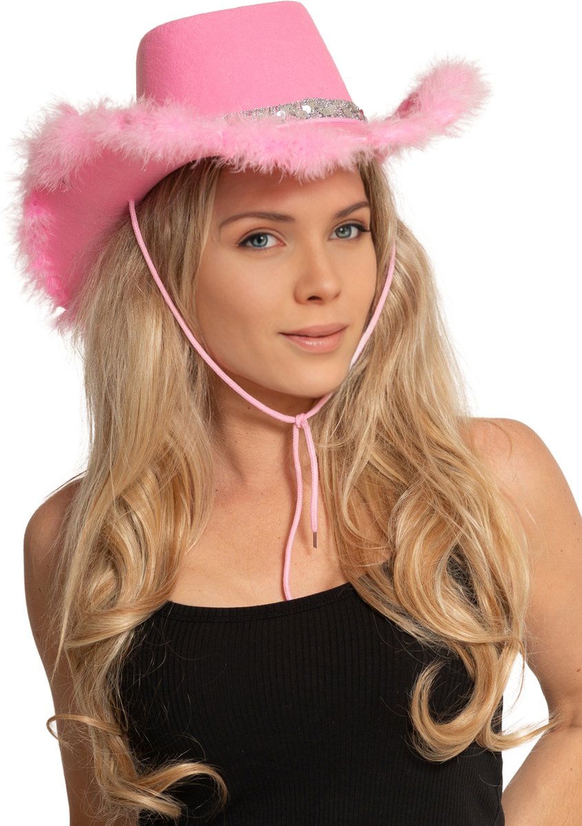 Partychimp Cowboy/Cowgirl Hoed Glitter Roze met Bont Voordeelverpakking 6 Stuks voor bij Carnavalskleding Heren en Dames Carnaval Accessoires Verkleedaccessoires Rodeo Party Foute Party Glitter en Glamour Pride Western Hoed - Polyester - Roze