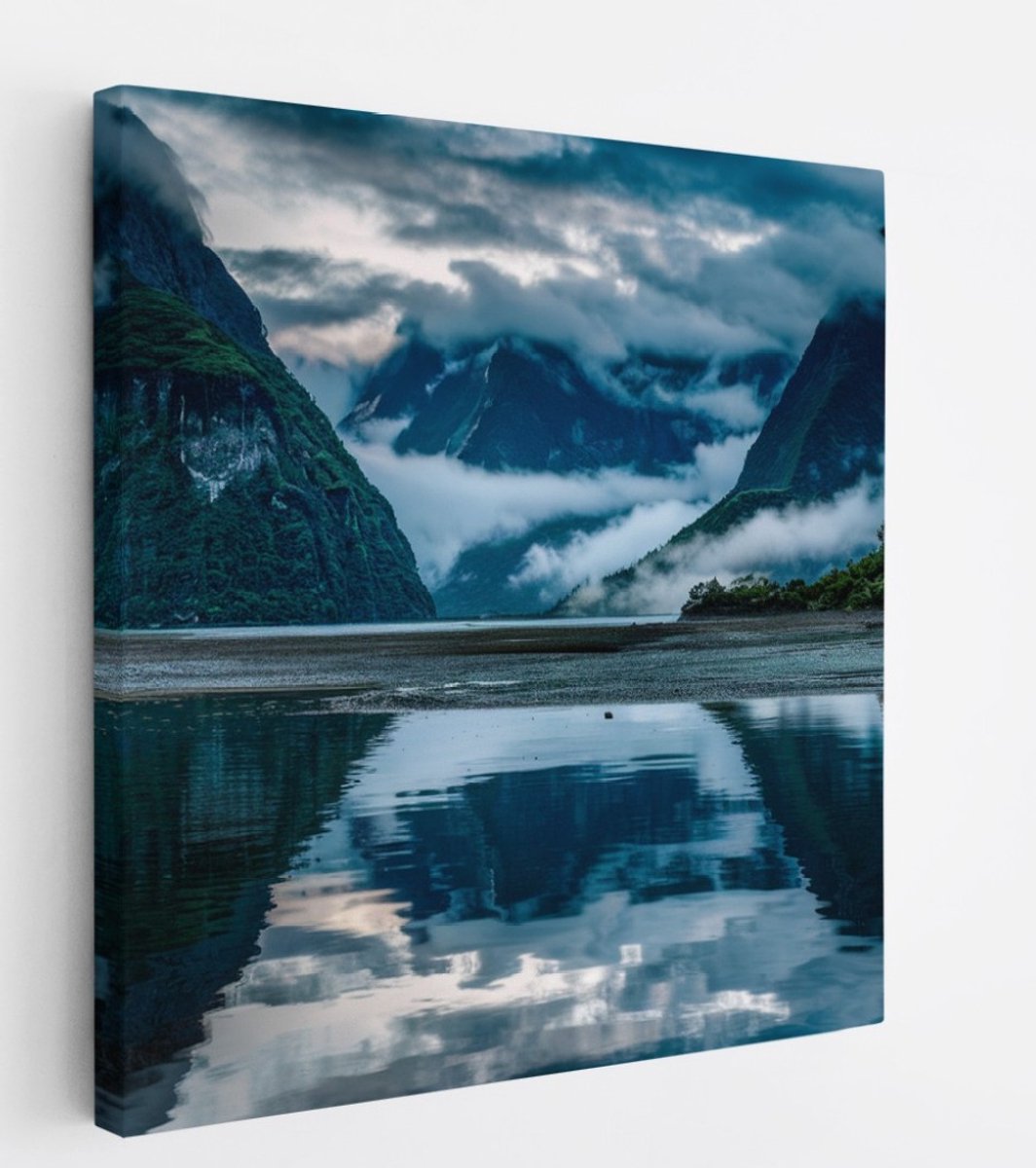 Saammp Canvas Schilderij - Bergachtig landschap met lage wolken - Natuur - 100x100 - Foto op canvas - Wanddecoratie - Muurdecoratie Woonkamer - Slaapkamer decoratie - Canvas Print Multicolor