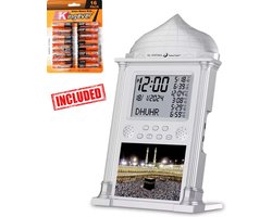 Yarvu ® Azan Wekker Klok + 16 AA Batterijen Meegeleverd - 34*21 CM - Moslim - Islam - Gebedsklok - Gebed - Adhan - Ramadan Decoratie - Adan Alarm - Zilver