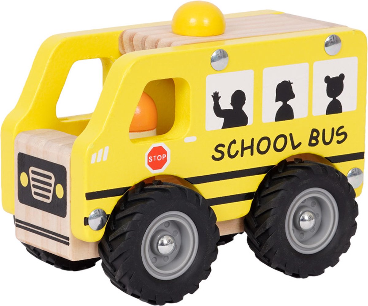 Speelgoedtopdeals - Houten Schoolbus - Speelgoedauto voor kinderen - Rubberen wielen