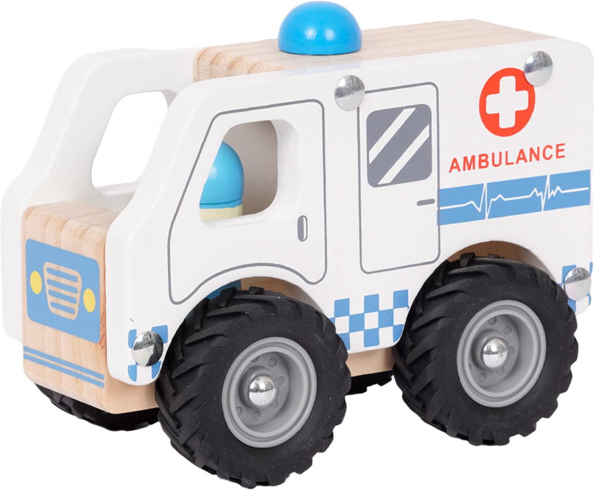 Speelgoedtopdeals - Houten Ambulance - Speelgoedauto voor kinderen - Ziekenwagen - Rubberen wielen