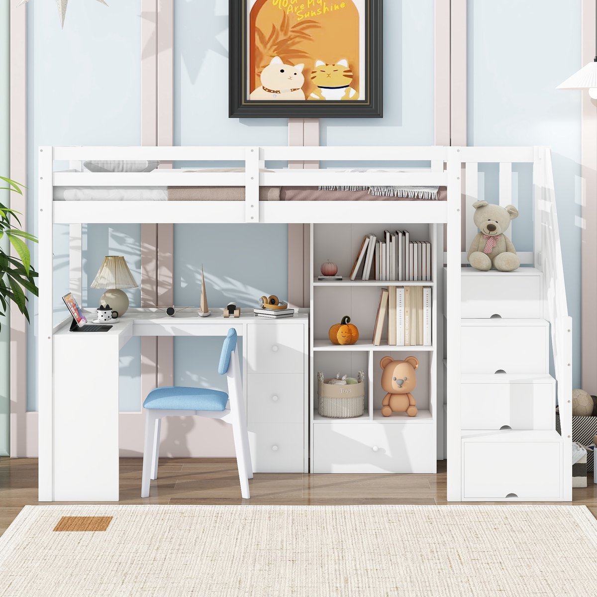 Sweiko Hoogslaper - 90x200 cm - Bureau + laden + opbergruimte - zonder matras - Wit