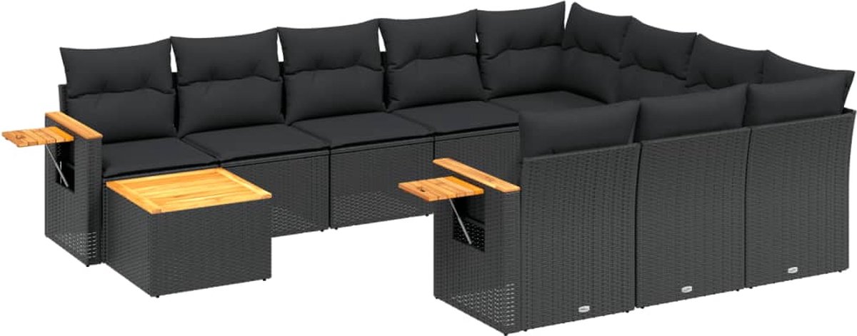 Zwart poly rattan loungeset met kussens voor buiten - The Living Store.