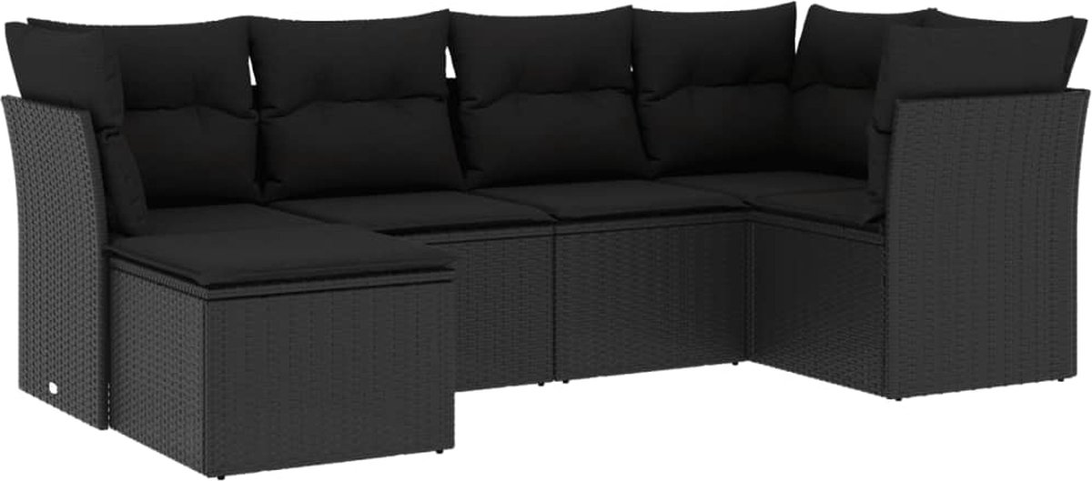 The Living Store 6-delige Loungeset met kussens poly rattan zwart - Loungebank - Lounge Set - Tuinmeubels - Buitendecoratie - Outdoor Furniture