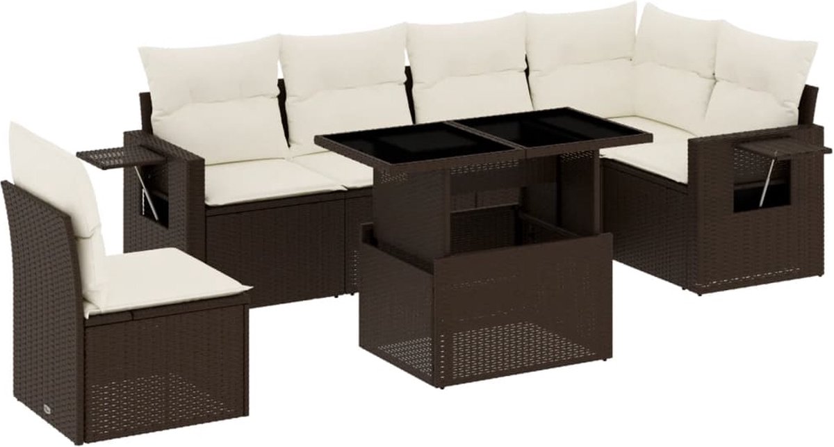 The Living Store 7-delige Loungeset met kussens poly rattan bruin - Loungebank - Lounge Set - Tuinmeubelen - Tuinlounge - Buitendecoratie