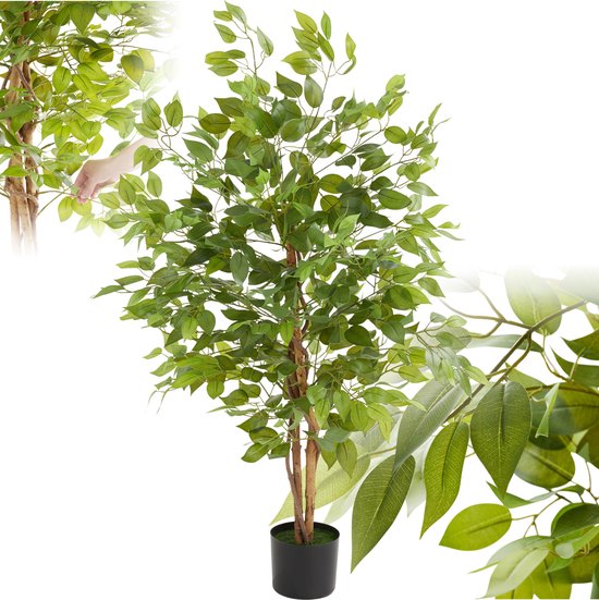 VeriNatural Kunstmatige ficus-boom, 180 cm, kunstboom met natuurlijke houten stam, zwarte conische plantenbak, rivierrotsen, uv-bestendige kunstficus-boom voor binnen en buiten