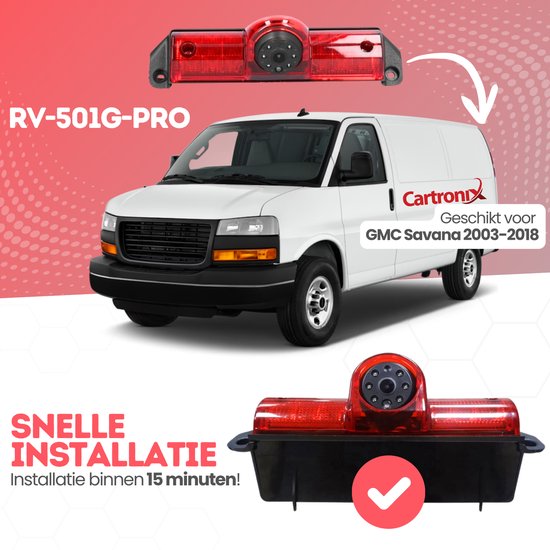 De achteruitrijcamera RV-501G-PRO is geschikt voor de witte GMC Savana 2003-2018. Snelle installatie binnen 15 minuten.