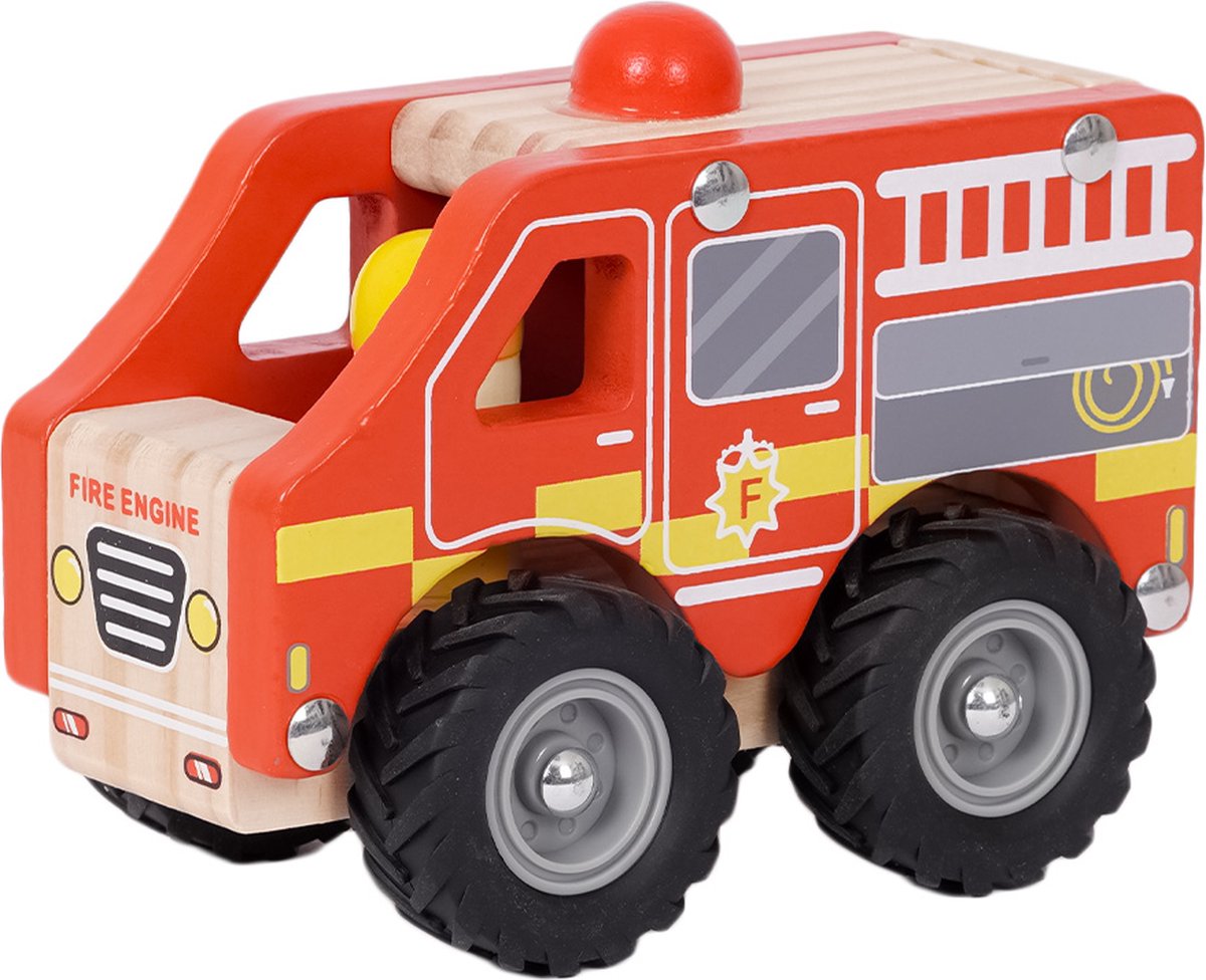 Speelgoedtopdeals - Houten Brandweerwagen - Speelgoedauto voor kinderen - Rubberen wielen