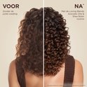 Voor en na foto van een vrouw met krullend haar, dat gevoed wordt door Garnier Loving Blends Avocado Olie & Shea Boter routine.