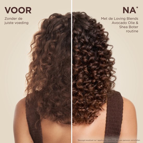Voor en na foto van een vrouw met krullend haar, dat gevoed wordt door Garnier Loving Blends Avocado Olie & Shea Boter routine.