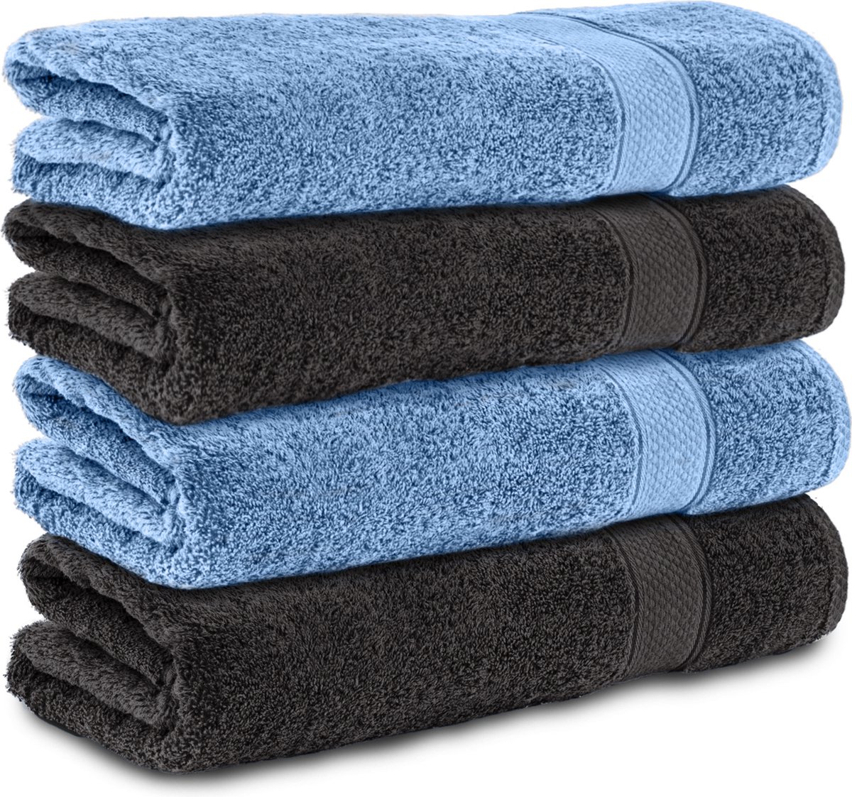 Komfortec Handdoekenset 4x Badhanddoek 70x140 cm - 100% Katoen - -Schwarz-Hellblau