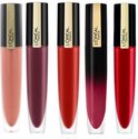 Vijf L'Oréal Paris lippenstiften in nude, bordeaux, rood, roze en rood.