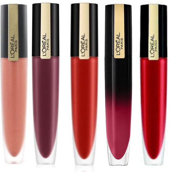 Vijf L'Oréal Paris lippenstiften in nude, bordeaux, rood, roze en rood.