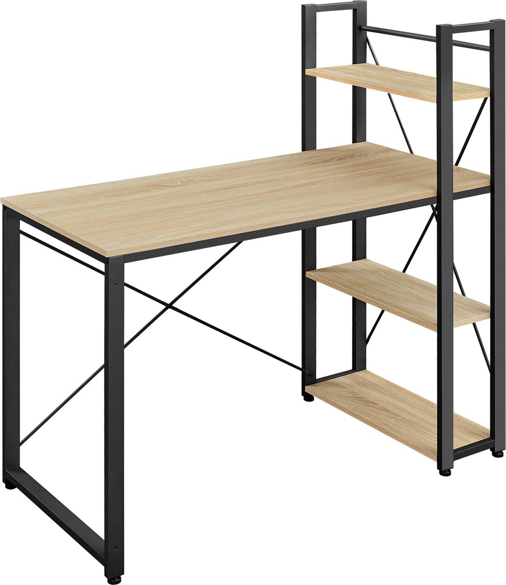 LEOBERT Bureau - SONOMA - Stalen Frame met 3 Planken, Stabil en Praktisch, Perfect voor Studentekamer, Jeugdkamer of Kantoor, Kleur: Eiken Sonoma en Zwart, 120 x 60 x 120 cm, Max. 50 kg eikenkleur