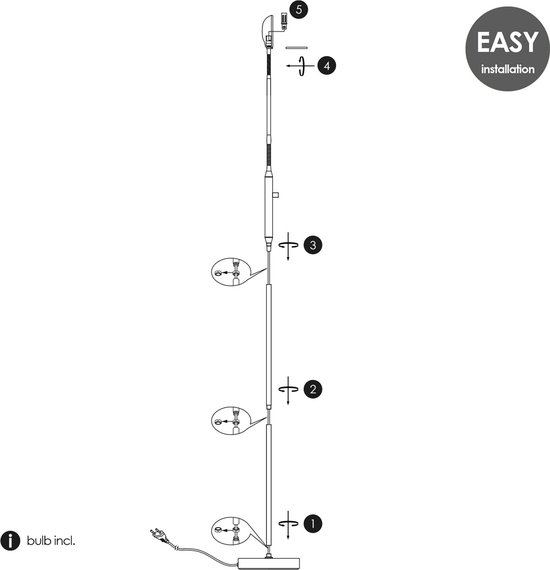 Installatieinstructies voor een zwarte staande lamp met genummerde stappen en vermelding van "EASY installation" en "bulb incl.".