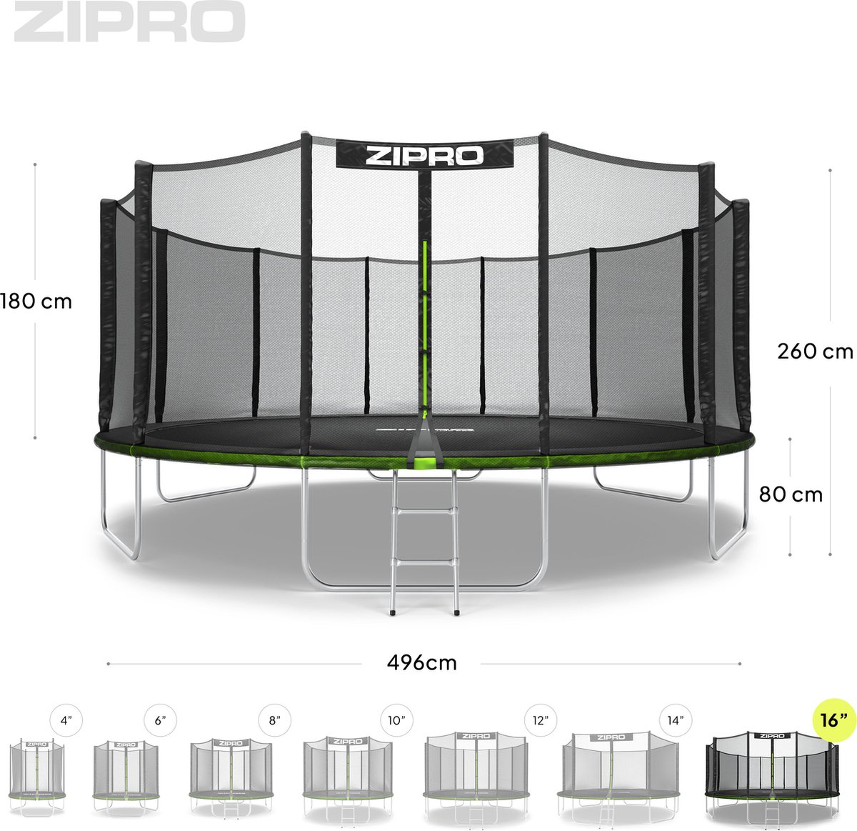 ZIPRO Jump Pro OUT - Trampoline met veiligheidsnet - Ø496cm 16FT - Voor kinderen en volwassenen - Inclusief Ladder - max. 150 kg - Extra Groot - UV-bestendig — afbeelding 6