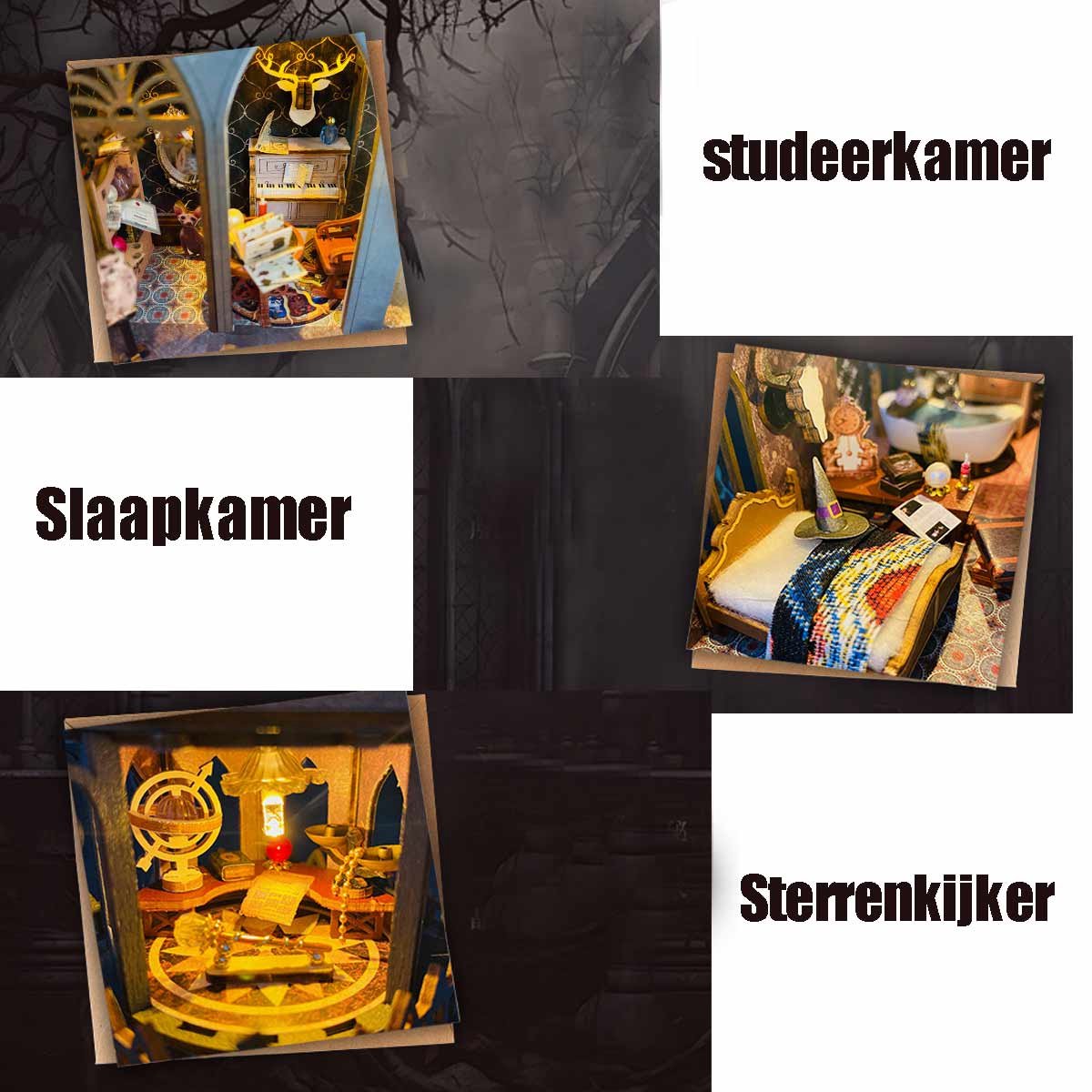 Premium DIY miniatuur poppenhuis kit-houten modelbouw-3D Puzzle-Magic Kasteel-Magisch houten poppenhuis met Led-Halloween Handgemaakte Houten-creatief bouwmodel speelgoed poppenhuis voor jongens en meisjes — afbeelding 5