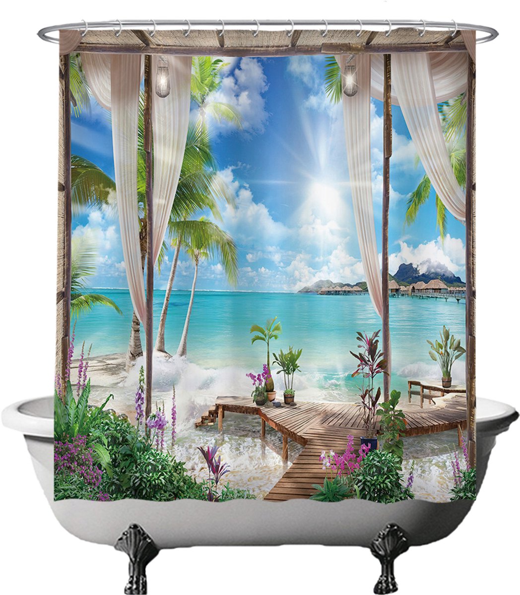 Ulticool Douchegordijn - Doorkijk Strand Zee Natuur - 180 x 180 cm - met 12 ringen - Anti Schimmel - Waterdicht & Wasbaar - Semi Transparant - Blauw Wit Groen