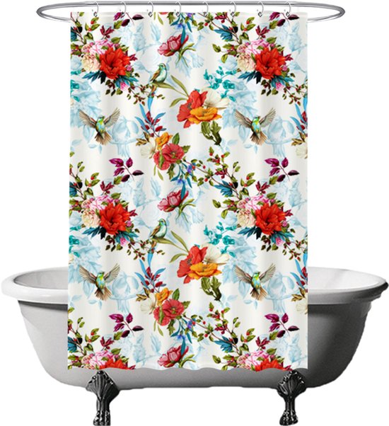 Ulticool Douchegordijn - Vogel Bloemen Natuur - 120 x 180 cm - met 8 ringen - Anti Schimmel - Waterdicht & Wasbaar - Semi Transparant - Decoratie Lente - Wit Rood Blauw Geel Roze