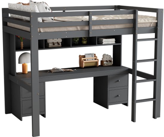 Idemon Multifunctionele hoogslaper 90 x 200 cm met opbergkast en computertafel, tienerbed, volwassen bed, jongens en meisjes (wit