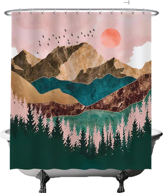 Foto: Ulticool douchegordijn anti schimmel kunst natuur bos bergen bohemian 180x180 cm inclusief ringen waterdicht wasbaar semi transparant aesthetic hippie boho decoratie landelijk roze blauw groen