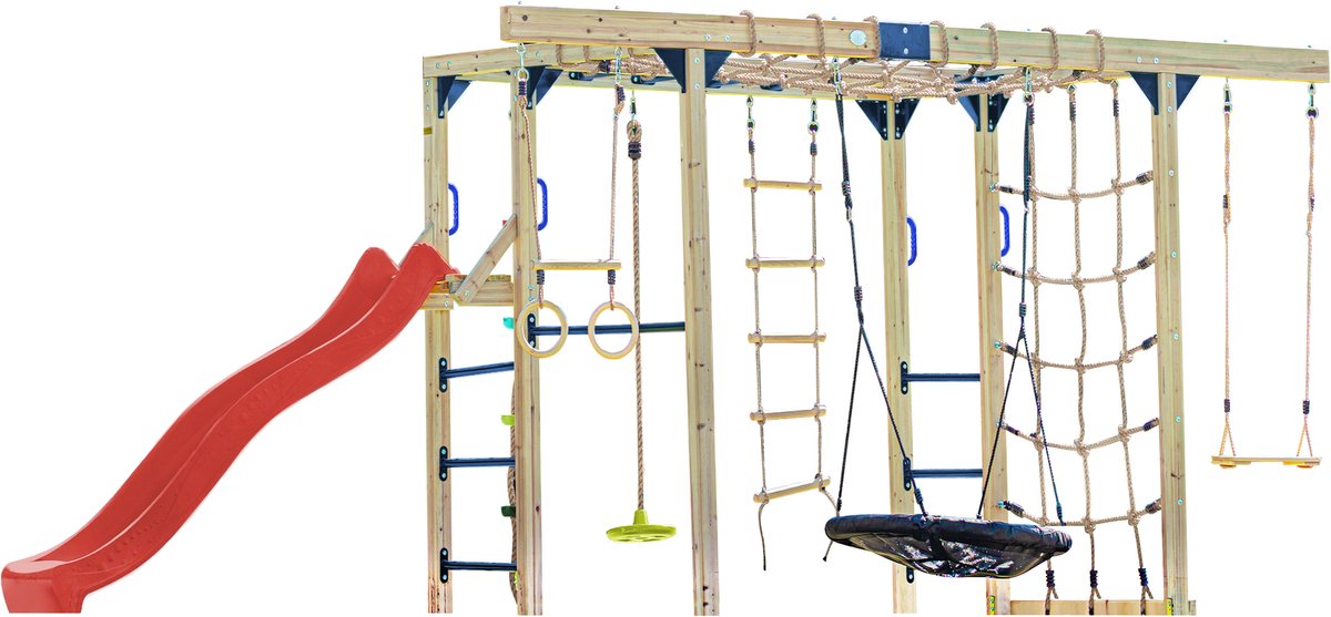 AXI Boris Klimtoestel Bruin met Schommels en Trapeze – Rode Glijbaan – Monkey Bars en Klimnetten – Duikelstang – Diverse Ladders