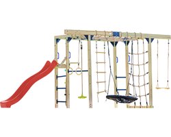 AXI Boris Klimtoestel Bruin met Schommels en Trapeze – Rode Glijbaan – Monkey Bars en Klimnetten – Duikelstang – Diverse Ladders