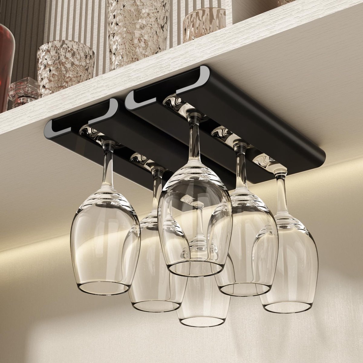 TheLau ® Stijlvolle Set Van 2 Hangende Wijnglashouders Voor Keuken En Bar Zonder Boren - Zwart