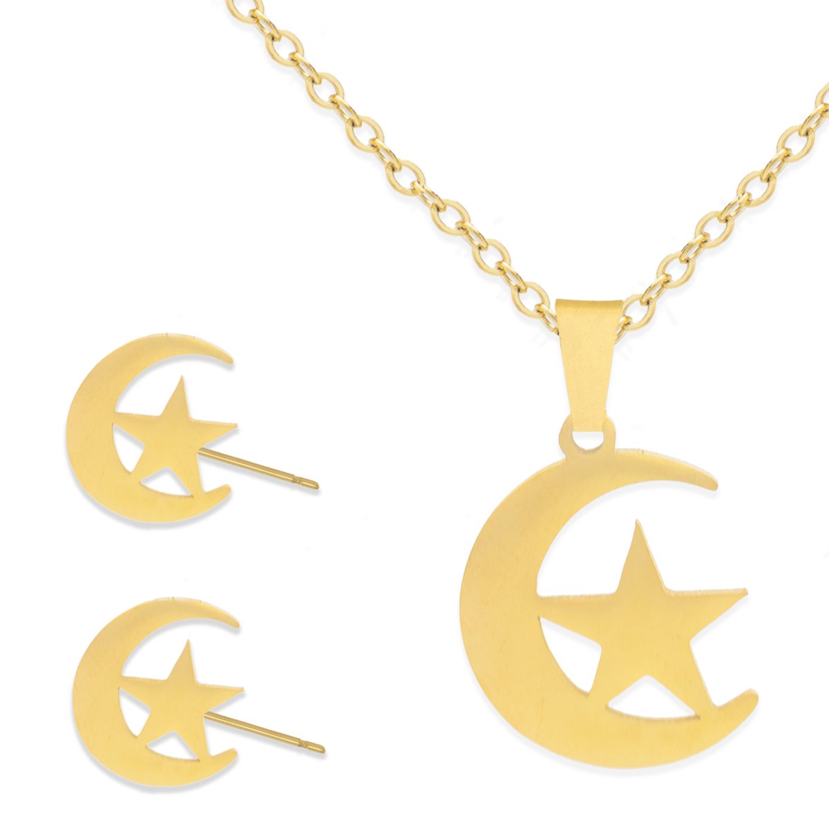 Cadeau Ketting & Oorbellen set met Ster & Maan - Roestvrij Staal - Goudkleurig - Cadeau Sieraad op Kaartje - Pax Amare
