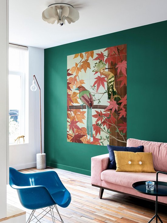 IXXI Birds of Autumn, Goed Blauw - 60 x 80 cm - Gratis ophangtool - Grote wanddecoratie en posters - Speels, Illustraties, Digitale Kunst, Woonkamer