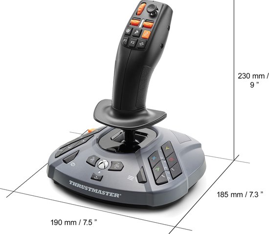 Grijze Thrustmaster joystick met afmetingen op de verpakking.