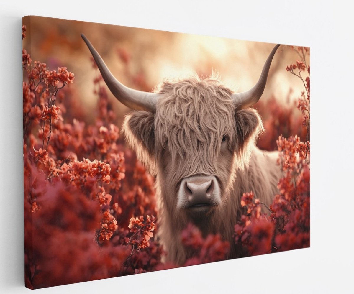 Saammp Canvas Schilderij - Schotse Hooglander Koe tussen de rode bloemen - Dieren - Natuur - 150x100 - Foto op canvas - Wanddecoratie - muurdecoratie Woonkamer - Slaapkamer decoratie - Canvas Print Multicolor