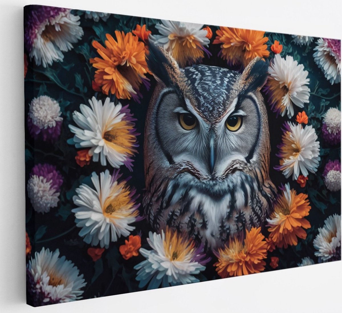 Saammp Canvas Schilderij - Uil tussen de bloemen - Abstract - Dieren - 30x20 - Foto op canvas - Wanddecoratie - muurdecoratie Woonkamer - Slaapkamer decoratie - Canvas Print Multicolor