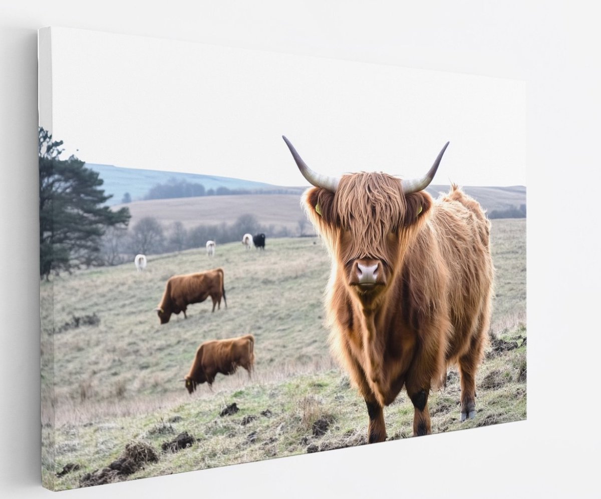 Saammp Canvas Schilderij Schotse Hooglander Koe in het bevroren gras - Dieren - Natuur - 120x80 - Foto op canvas - Wanddecoratie - muurdecoratie Woonkamer - Slaapkamer decoratie - Canvas Print Multicolor