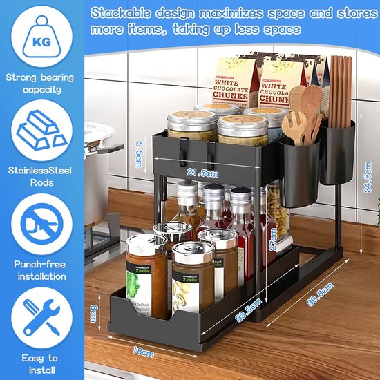 Opbergmand onder de plank, hangende mand opbergrek ijzerdraad mand kast boekenplank standaard houder, opslag mand organizer voor keuken, kantoor, garderobe, badkamer-White