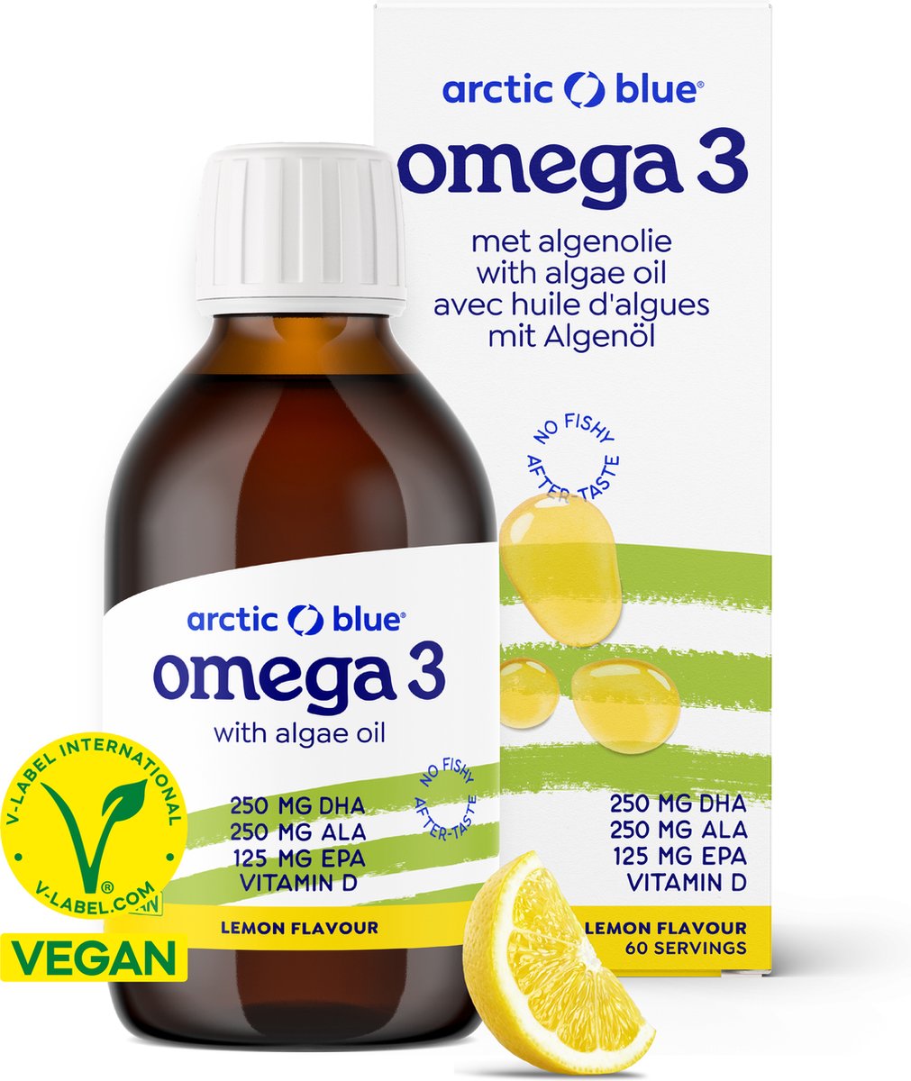 Goedkoopste Arctic Blue – Omega 3 Met Algenolie - 250 mg DHA 125 mg EPA 250 mg ALA - Vit D3 - Citroensmaak - 60 doseringen - Vegan Keurmerk