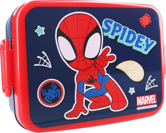 Boîte à lunch bleu foncé avec Spidey (Spiderman) style dessin animé, entouré de toiles d'araignée et d'étoiles. Texte 'SPIDEY'.