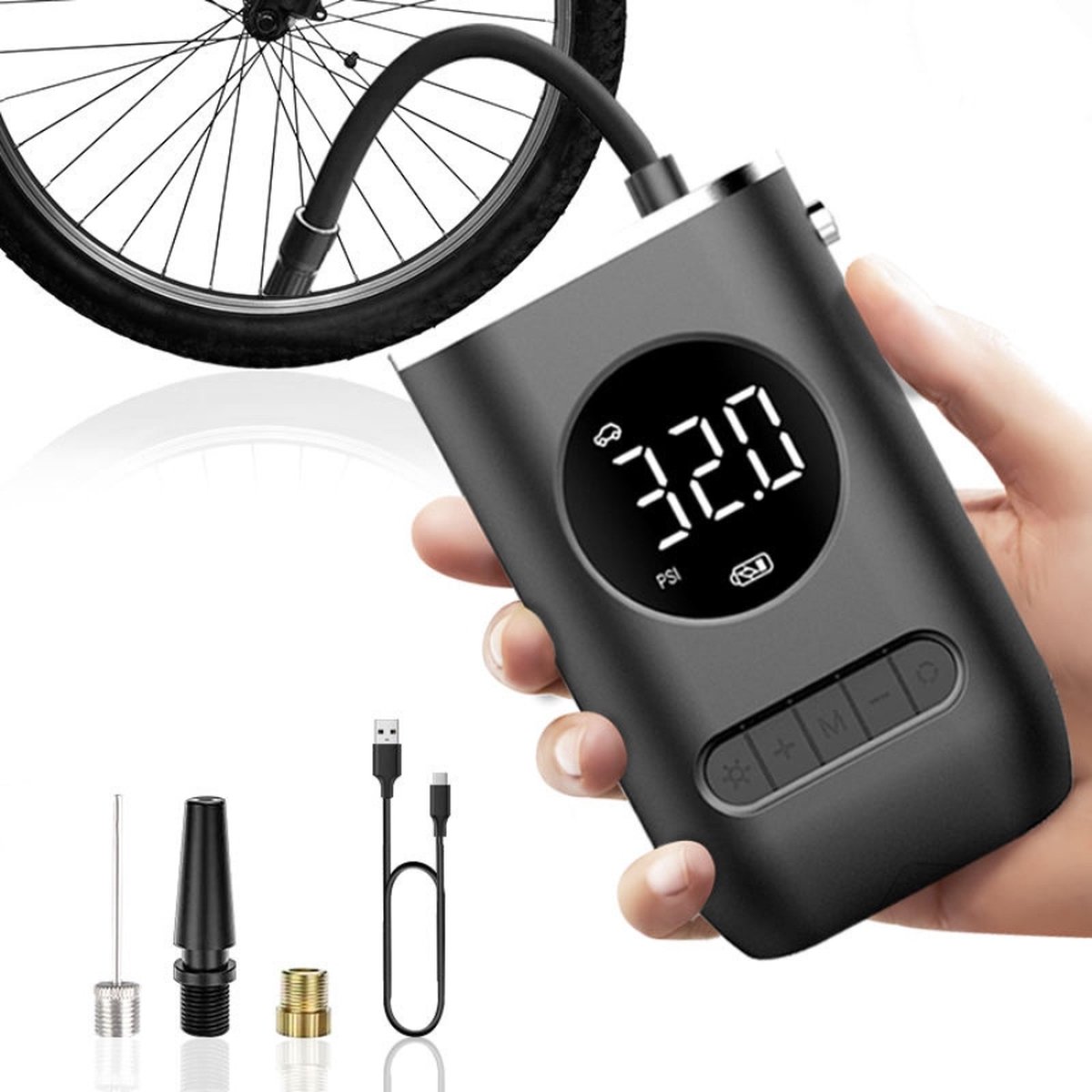 CoHomy - Elektrische Fietspomp - Bandenpomp Scooter Motor Auto - Draagbare luchtcompressor - Tot 10.8 bar - USB oplaadbaar op Prijzenvolger.com