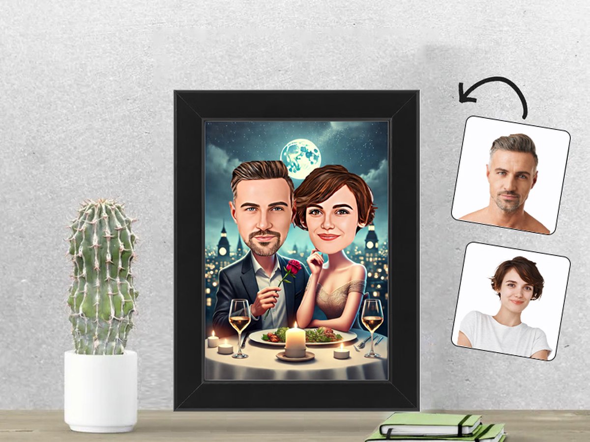 Romantisch Diner met Uitzicht op de Stad - Gepersonaliseerde Karikatuur Fotolijst 13x18 cm - Gepersonaliseerd Cadeau - Met Jouw Foto - Verjaardag - Kerst - Valentijn - Uniek en Handgemaakt - Cadeau - Huwelijk - Moederdag - Vaderdag - Jubileum -