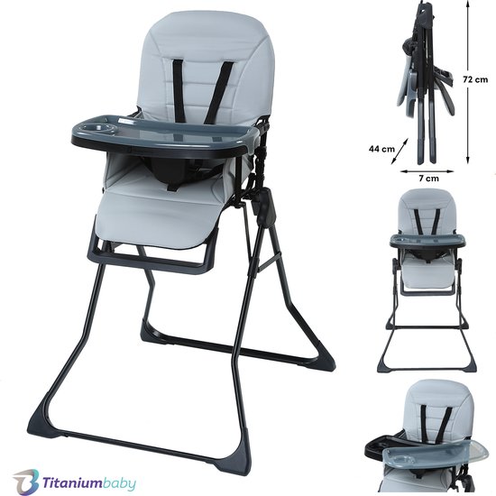 Titaniumbaby Kinderstoel Bistro Glacier Grey / Eenvoudig reinigbare bekleding / Extra afneembaar eetblad / Verstelbaar eetblad / Compact inklapbaar design