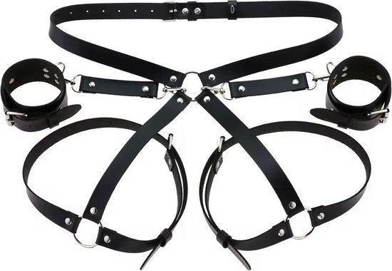 Zwart leren BDSM harnas met tailleband, kruisbanden, beenbanden en twee manchetten.