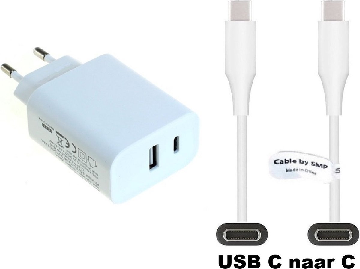 OneOne 20W snellader met 2 poorten + 0,5m Sterke USB C naar C kabel. PD lader. Oplader adapter past op Universeel Asus, ZTE, Fairphone, Sony Xperia, OPPO, Apple iPhone / iPad, Nokia, Acer, BlackBerry, Anker (Soundcore), Archos, Bose