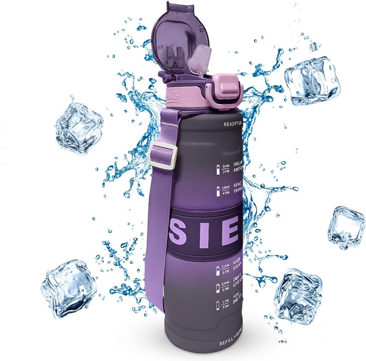 Pluto® - Drinkfles Met Rietje - Motiverende Tijd Marker - BPA-Vrij - Lekvrij - Waterfles perfect voor school, Office, Sporten, Fietsen -1 Liter - Paars